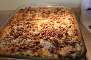 Chicken Spinach Lasagna in a glass pan fresh from the oven
