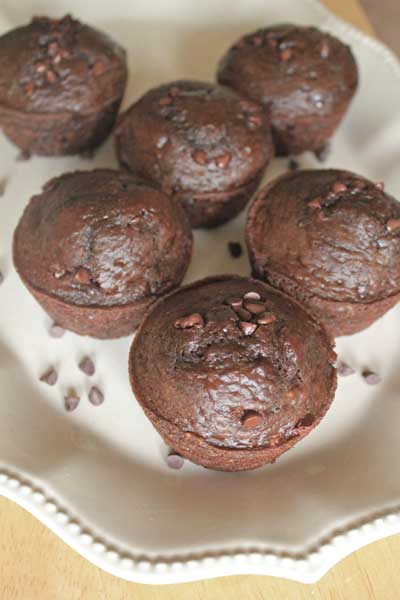 These muffins are perfect! They are mildly sweet and have a rich, deep chocolate flavor that will cure any craving.
