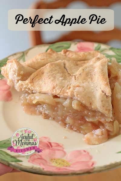 Perfect Apple Pie text overlay with a slice of apple pie sitting on a colorful plate and logo