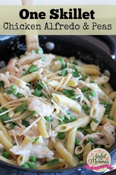 One Skillet Chicken Alfredo and Peas in a pan