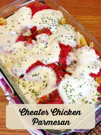 Cheater Chicken parmesan in a glass pan sitting on a white table with text bar "Cheater Chicken Parmesan"