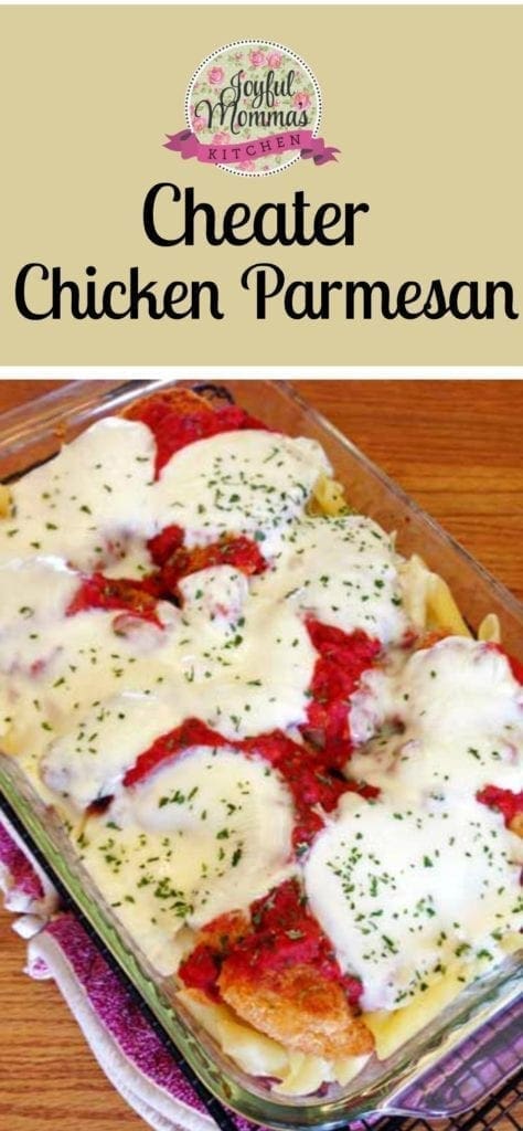 Cheater Chicken parmesan in a glass pan sitting on a white table