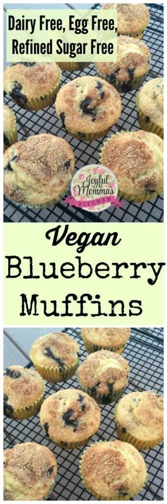 A collage of images with various text overlays showing the vegan blueberry muffins are dairy free, egg free, and refined sugar free