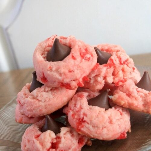Cherry Chocolate kiss cookies on a wood table
