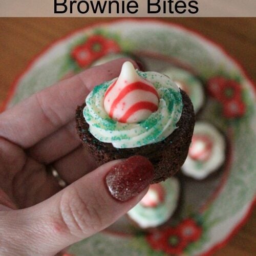 Peppermint Brownie Bites text overlay with hand holding a small brownie with white chocolate frosting