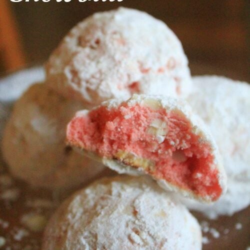 Peppermint Snowball Cookies text overlay with 5 white cookies sitting on a glass plate