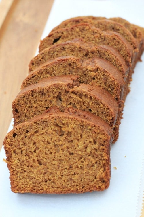 Sliced Best Ever Pumpkin Bread sitting on a cutting board