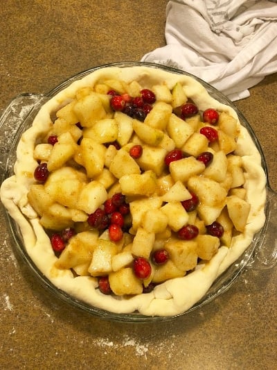 Cranberry Pear Crumb Pie  with filling mid process