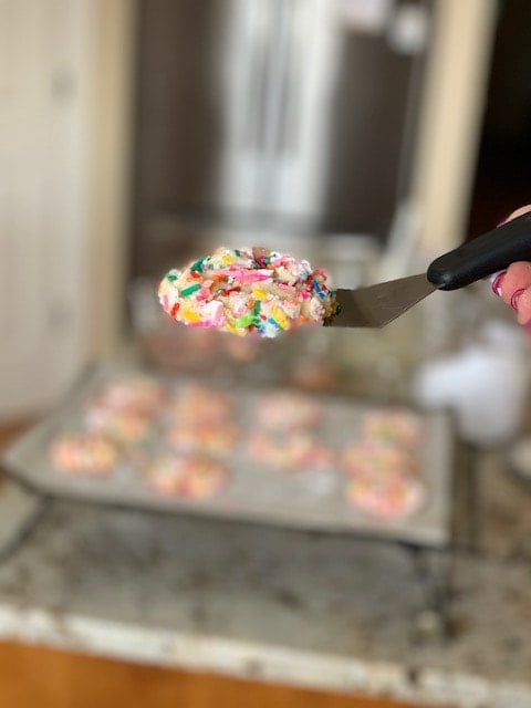 silver spatula holding a colorful sprinkle cookie