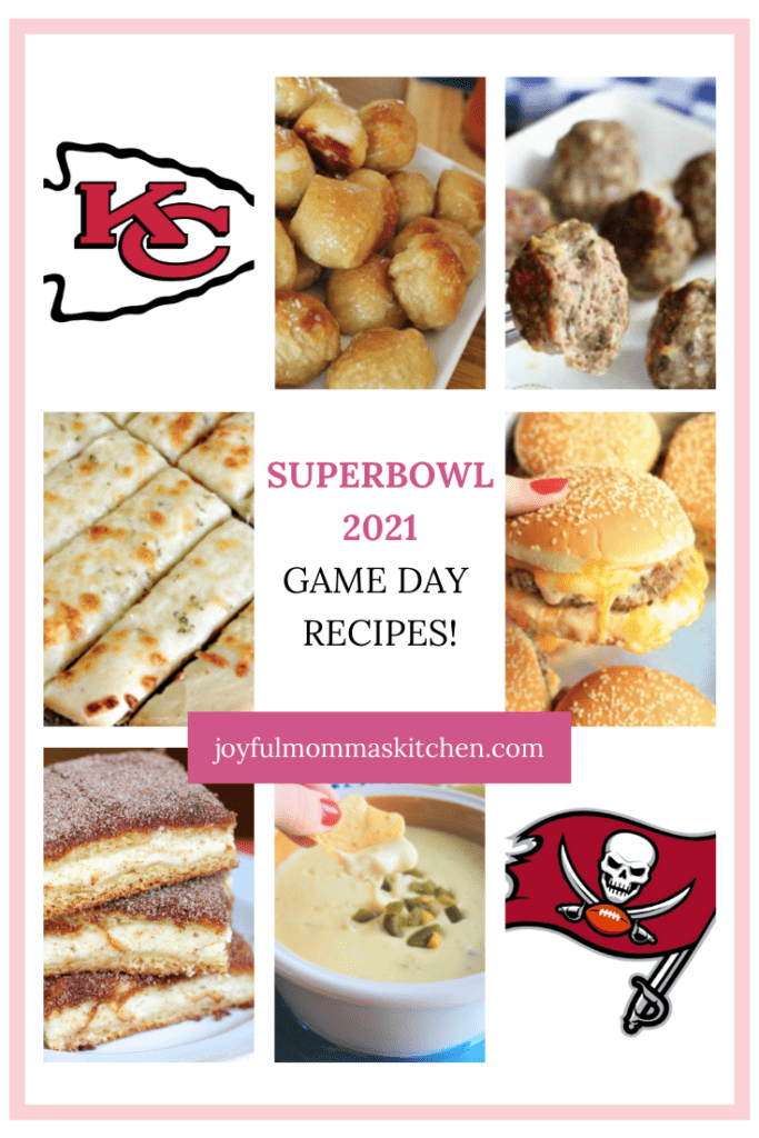 Superbowl recipes for game day 2021. Appetizers shown include Soft Pretzel Bites, Churro Cheesecake Bars, Salsa Verde Queso Dip, Best Baked Meatballs, Oven-Baked Cheeseburgers, and Cheesy Garlic Breadsticks.