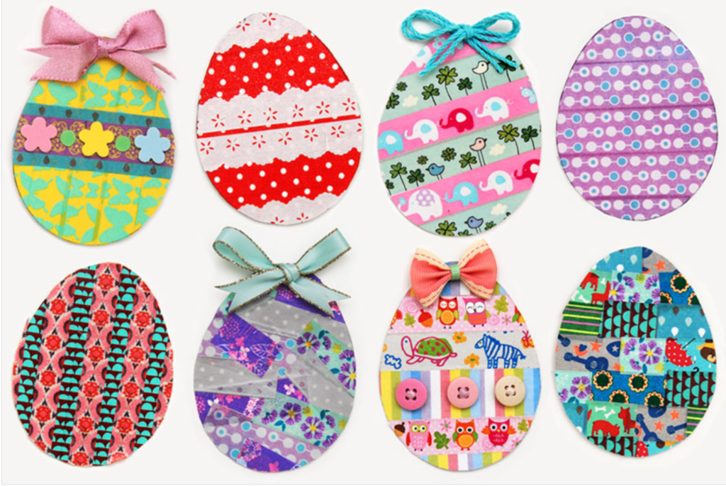 Easter craft of eight easter egg designs made form various crafting supplies making different patterns.