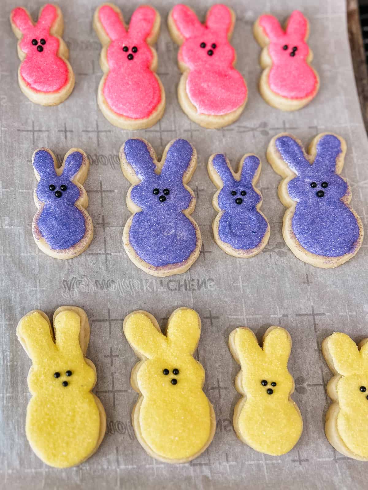 Bunny Peeps Sugar cookies with bright colored frosting and sprinkles