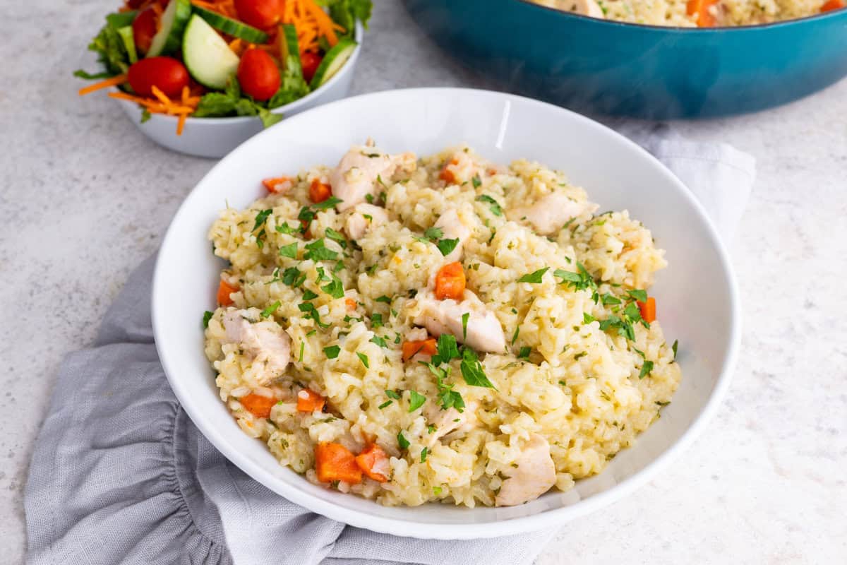 white bowl filled with chicken and rice casserole
