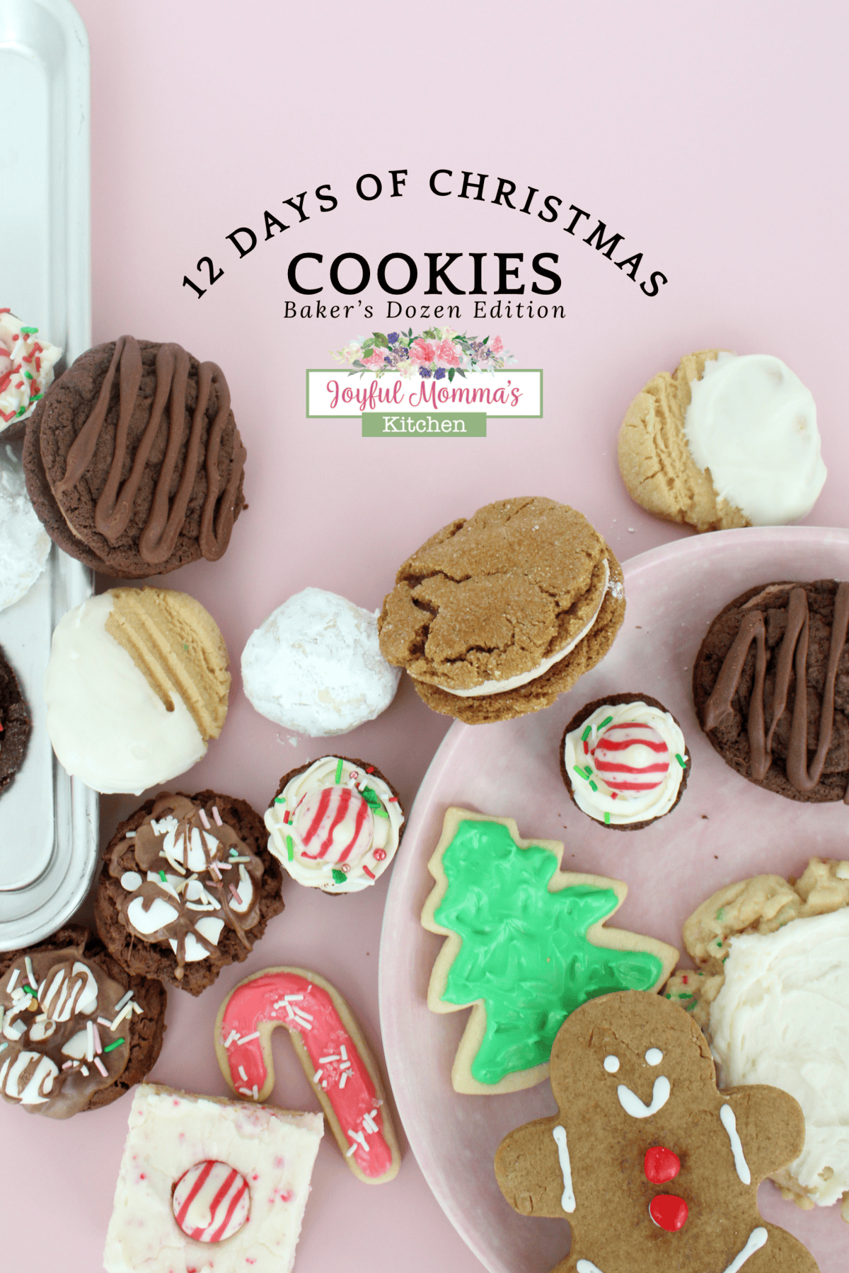 12 Days of Christmas Cookies Cookbook Cover with various cookies on a plate and pink background.